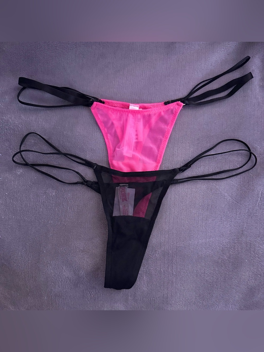 Victoria’s Secret PINK Strappy Thong Panties Bundle Black Hot Pink Size S NWT